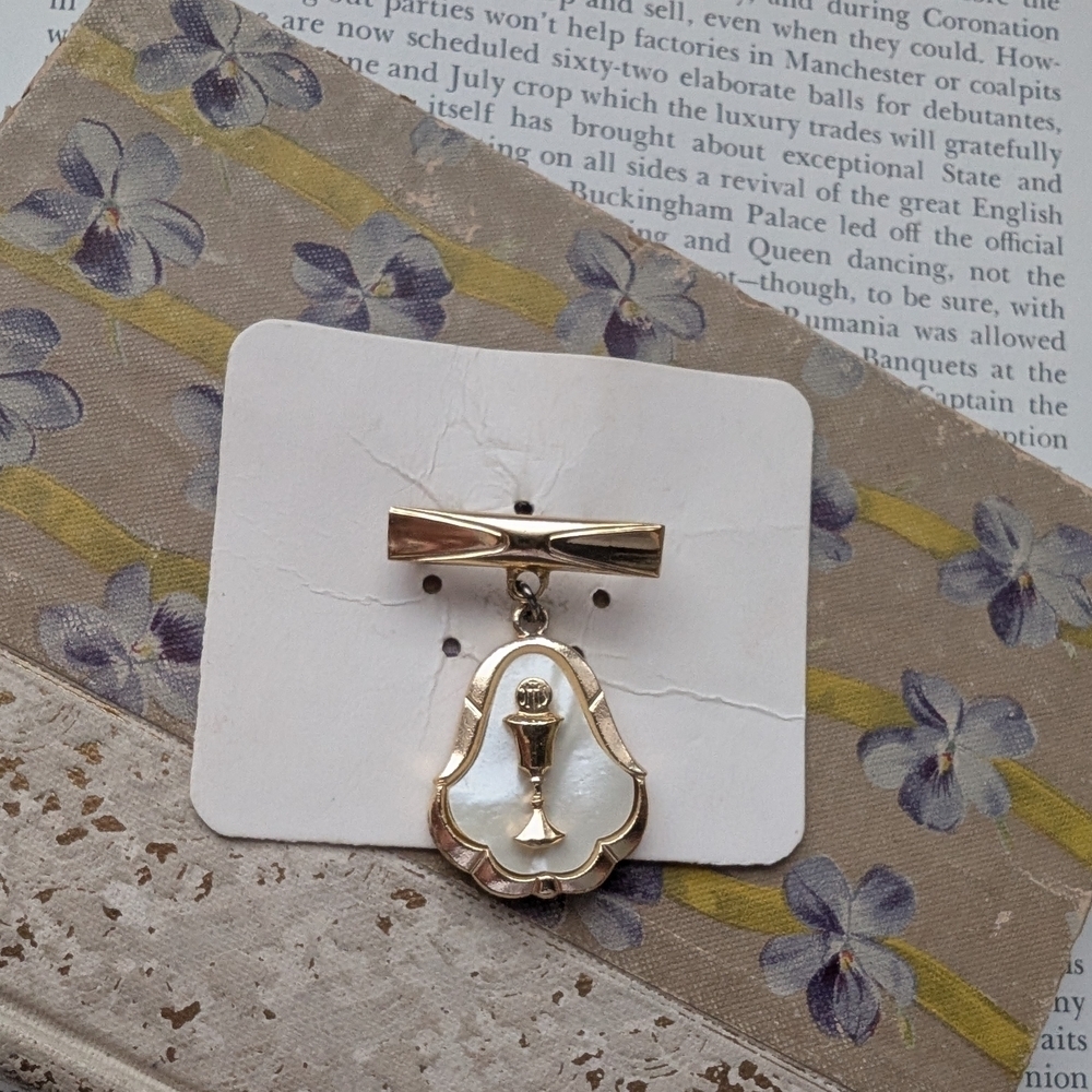 Vintage Religious Communion Gold and Silver Brooch With Mother Of Pearl